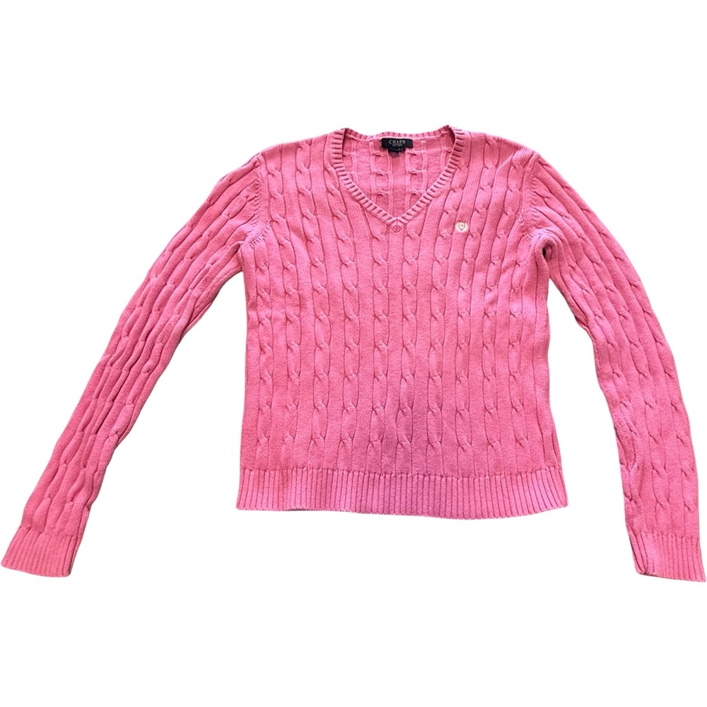 Chaps Pink Cable Knit Cotton Sweater V-Neck Long‎ Sleeve Women’s Large Y2K